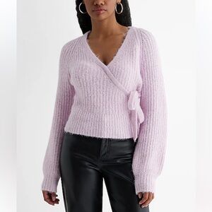 Express Light pink Fuzzy Ribbed Surplice Tie Sweater womens NEW